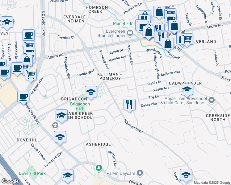 map of restaurants, bars, coffee shops, grocery stores, and more near 2356 Blanding Avenue in San Jose