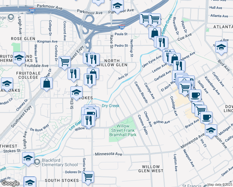 map of restaurants, bars, coffee shops, grocery stores, and more near 1303 Glen Eyrie Avenue in San Jose