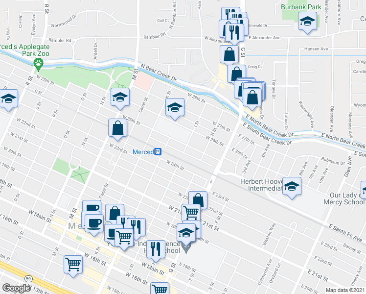 map of restaurants, bars, coffee shops, grocery stores, and more near 204 West 25th Street in Merced