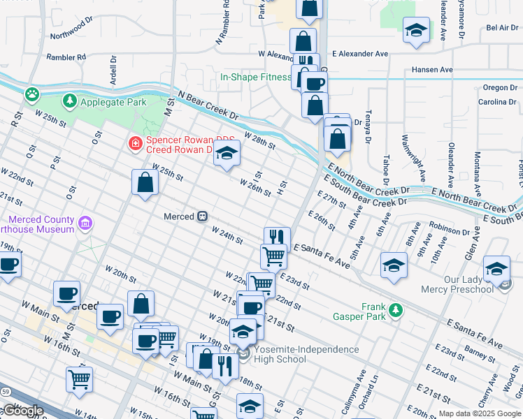 map of restaurants, bars, coffee shops, grocery stores, and more near 121 West 25th Street in Merced