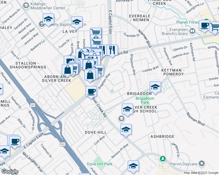map of restaurants, bars, coffee shops, grocery stores, and more near 3262 Firth Way in San Jose