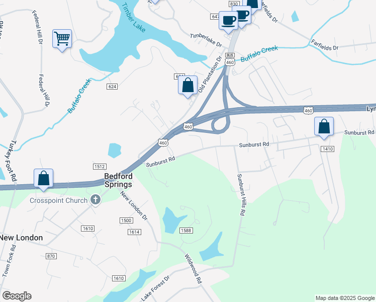 map of restaurants, bars, coffee shops, grocery stores, and more near 2423 Sunburst Road in Evington