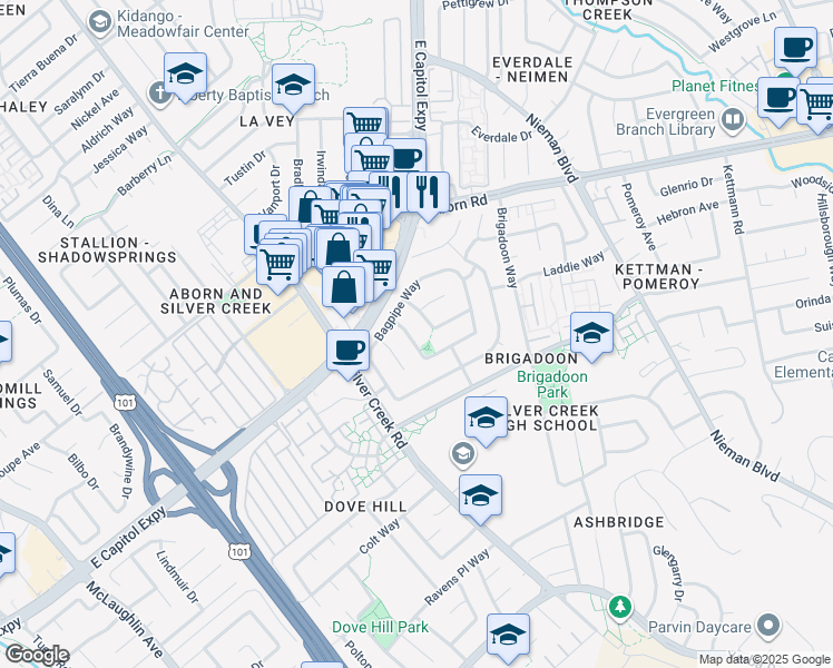 map of restaurants, bars, coffee shops, grocery stores, and more near 3262 Firth Way in San Jose