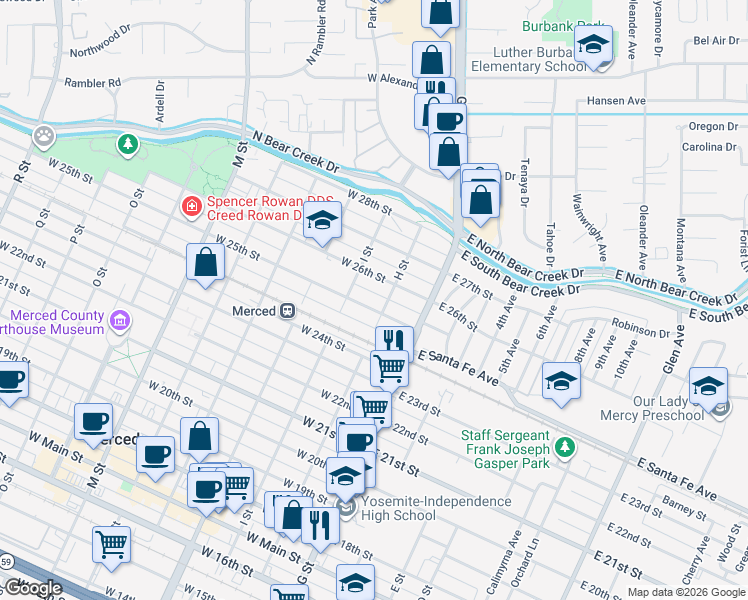 map of restaurants, bars, coffee shops, grocery stores, and more near 104 West 26th Street in Merced