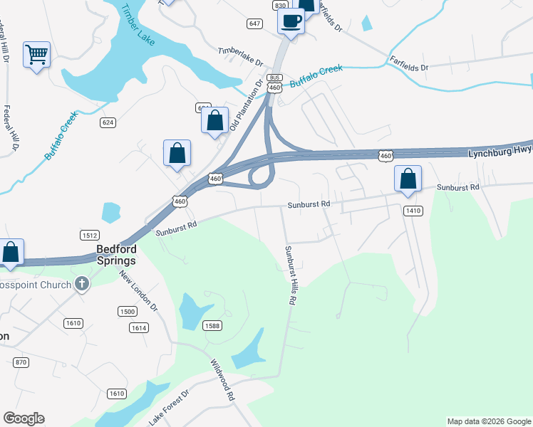 map of restaurants, bars, coffee shops, grocery stores, and more near 2246 Sunburst Road in Evington