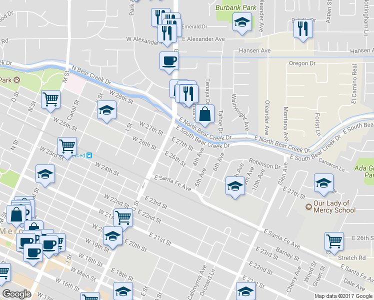 map of restaurants, bars, coffee shops, grocery stores, and more near 200 East 27th Street in Merced