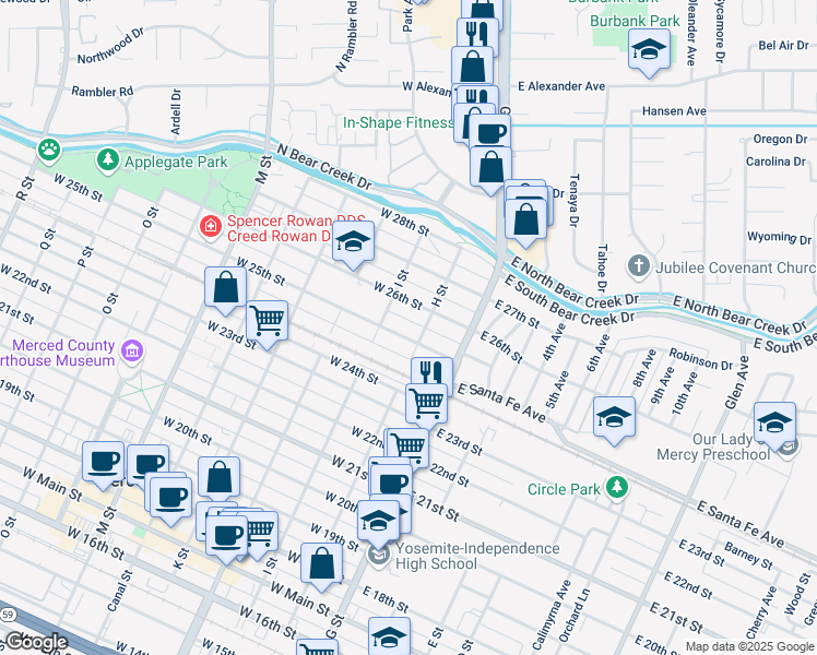 map of restaurants, bars, coffee shops, grocery stores, and more near 104 West 26th Street in Merced