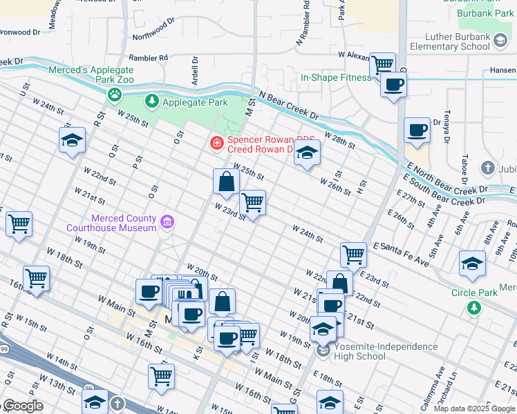 map of restaurants, bars, coffee shops, grocery stores, and more near 2385 K Street in Merced