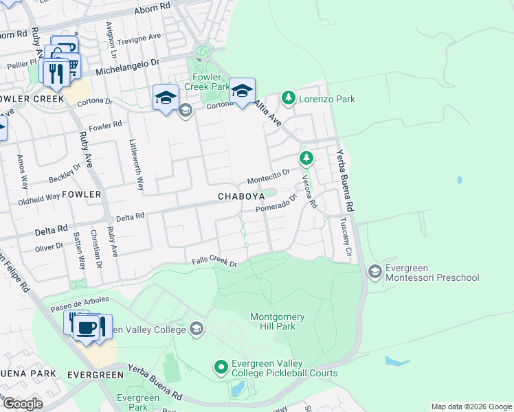 map of restaurants, bars, coffee shops, grocery stores, and more near 3254 Capriana Circle in San Jose