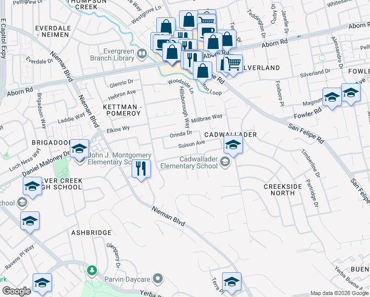 map of restaurants, bars, coffee shops, grocery stores, and more near 2641 Suisun Avenue in San Jose