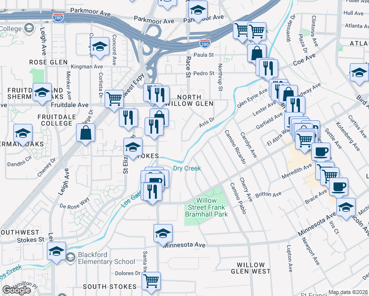 map of restaurants, bars, coffee shops, grocery stores, and more near 1292 Avis Drive in San Jose