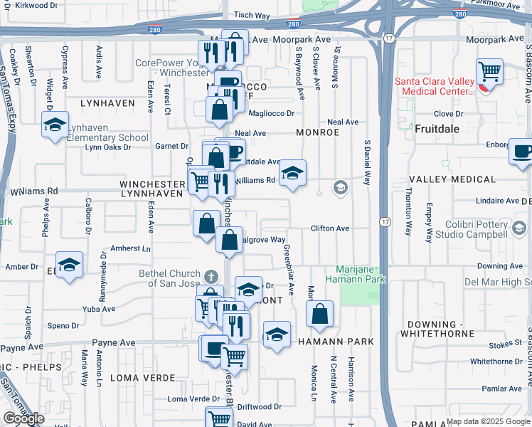 map of restaurants, bars, coffee shops, grocery stores, and more near 2980 Van Sansul Avenue in San Jose
