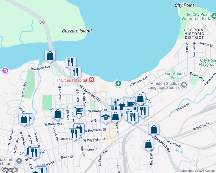 map of restaurants, bars, coffee shops, grocery stores, and more near 201 Eppes Street in Hopewell