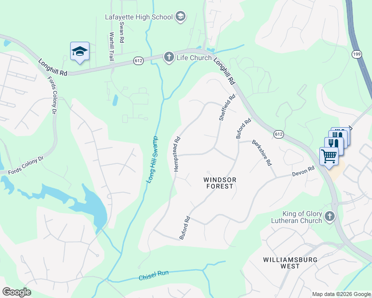 map of restaurants, bars, coffee shops, grocery stores, and more near 209 Hempstead Road in Williamsburg