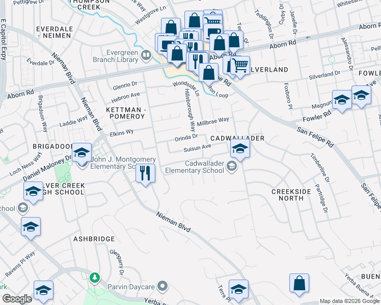map of restaurants, bars, coffee shops, grocery stores, and more near 2641 Suisun Avenue in San Jose