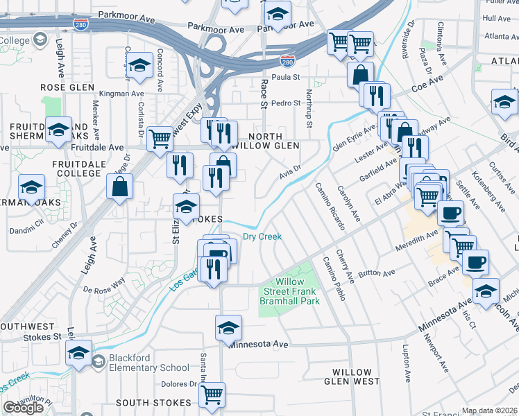 map of restaurants, bars, coffee shops, grocery stores, and more near 1292 Avis Drive in San Jose
