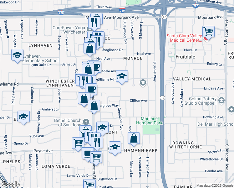 map of restaurants, bars, coffee shops, grocery stores, and more near 2980 Van Sansul Avenue in San Jose