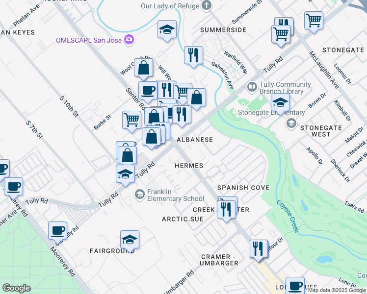 map of restaurants, bars, coffee shops, grocery stores, and more near 614 Tully Road in San Jose