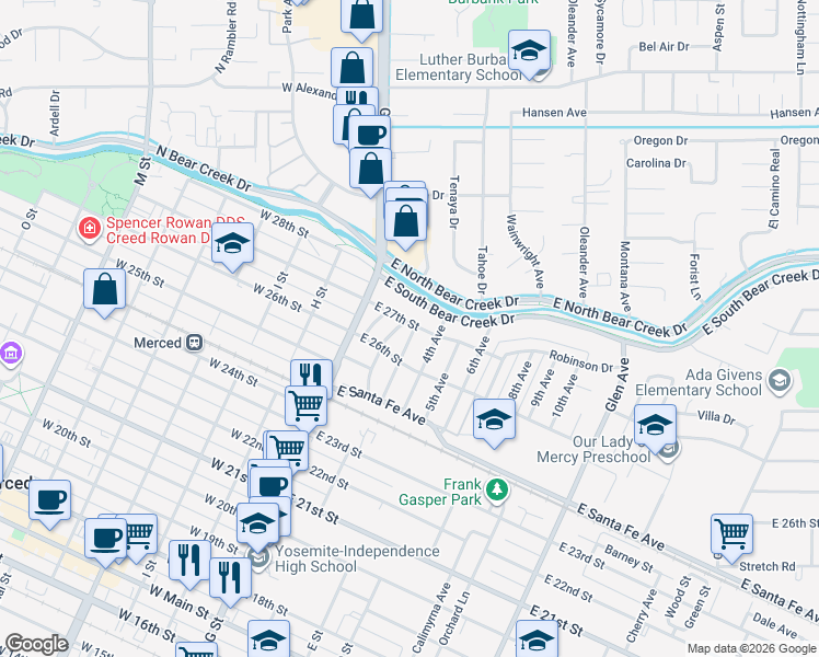map of restaurants, bars, coffee shops, grocery stores, and more near 299 East 27th Street in Merced