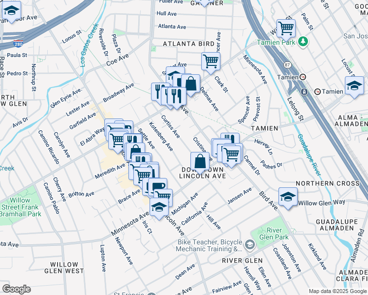 map of restaurants, bars, coffee shops, grocery stores, and more near 1279 Curtiss Avenue in San Jose