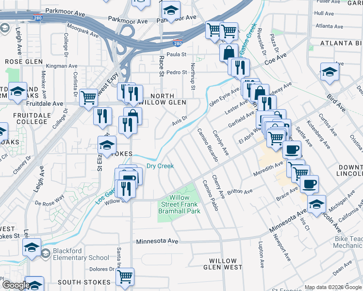 map of restaurants, bars, coffee shops, grocery stores, and more near 1013 Camino Pablo in San Jose