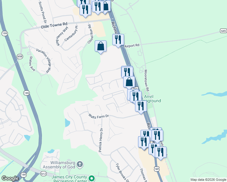 map of restaurants, bars, coffee shops, grocery stores, and more near 222 Claiborne Drive in Williamsburg