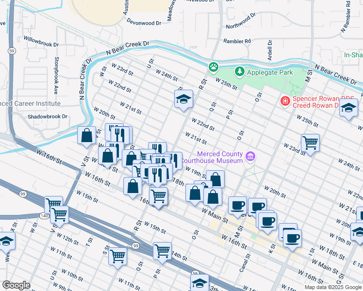 map of restaurants, bars, coffee shops, grocery stores, and more near 1051 West 20th Street in Merced
