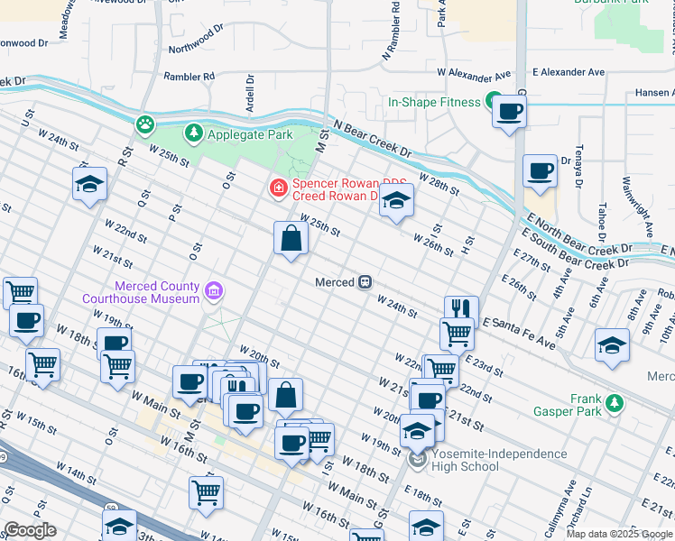 map of restaurants, bars, coffee shops, grocery stores, and more near 2355 K Street in Merced