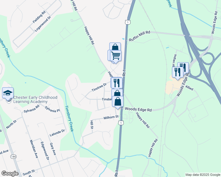 map of restaurants, bars, coffee shops, grocery stores, and more near 2704 Timberline Court in Colonial Heights