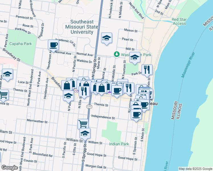 map of restaurants, bars, coffee shops, grocery stores, and more near 521 Bellevue Street in Cape Girardeau
