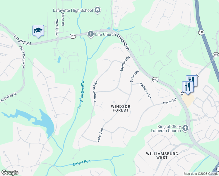 map of restaurants, bars, coffee shops, grocery stores, and more near 206 Sheffield Road in Williamsburg