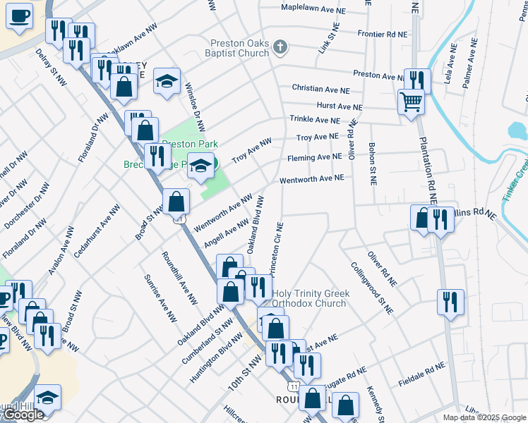 map of restaurants, bars, coffee shops, grocery stores, and more near 3407 Oakland Boulevard Northwest in Roanoke