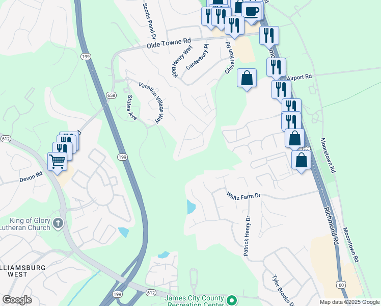 map of restaurants, bars, coffee shops, grocery stores, and more near 5339 Aden Court in Williamsburg