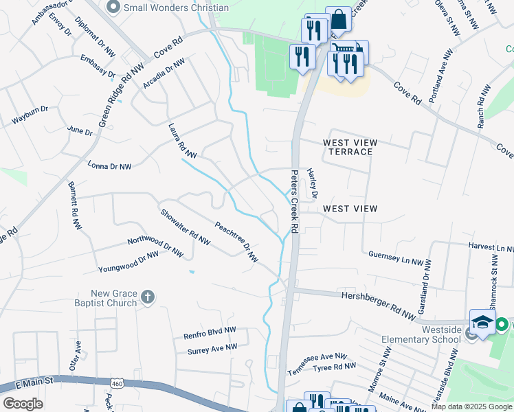 map of restaurants, bars, coffee shops, grocery stores, and more near 1904 Meadowbrook Road Northwest in Roanoke