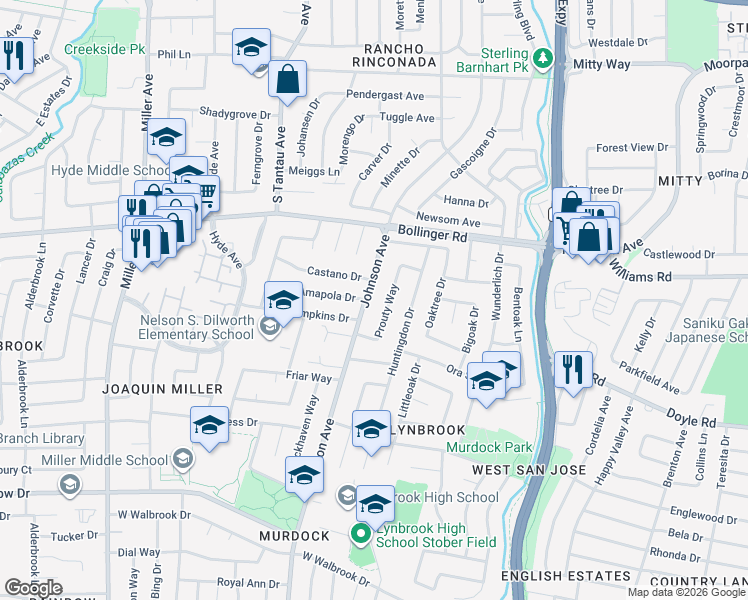 map of restaurants, bars, coffee shops, grocery stores, and more near 1068 Johnson Avenue in San Jose