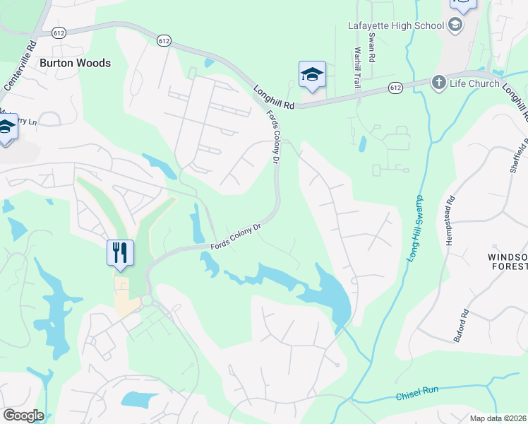 map of restaurants, bars, coffee shops, grocery stores, and more near 154 Fords Colony Drive in Williamsburg