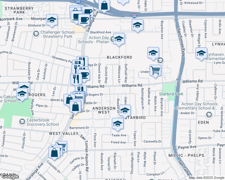 map of restaurants, bars, coffee shops, grocery stores, and more near 4010 Williams Road in San Jose