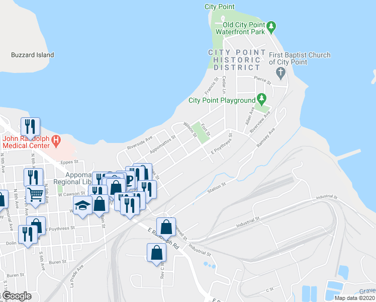 map of restaurants, bars, coffee shops, grocery stores, and more near 600 East Cawson Street in Hopewell