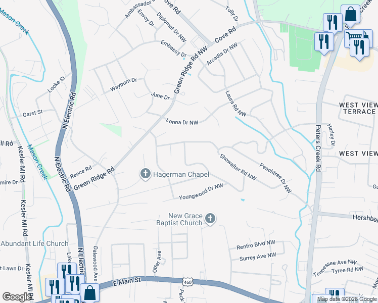 map of restaurants, bars, coffee shops, grocery stores, and more near 4952 Showalter Road Northwest in Roanoke