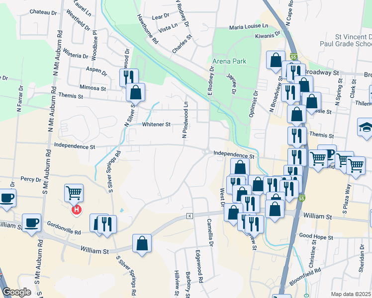 map of restaurants, bars, coffee shops, grocery stores, and more near 4 South Pindwood Lane in Cape Girardeau