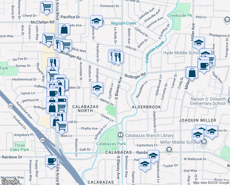 map of restaurants, bars, coffee shops, grocery stores, and more near 6780 Mason Way in San Jose