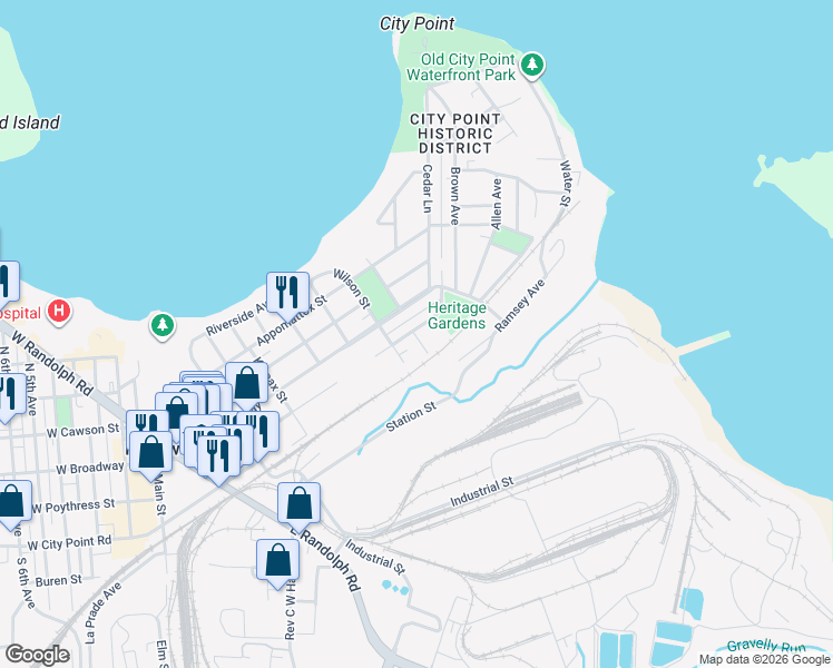 map of restaurants, bars, coffee shops, grocery stores, and more near 806 East Poythress Street in Hopewell