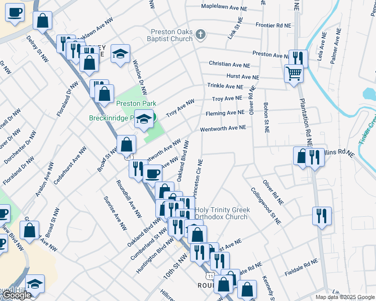 map of restaurants, bars, coffee shops, grocery stores, and more near 3407 Oakland Boulevard Northwest in Roanoke
