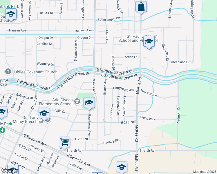 map of restaurants, bars, coffee shops, grocery stores, and more near 1875 Gettysburg Avenue in Merced