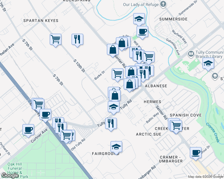 map of restaurants, bars, coffee shops, grocery stores, and more near 499 Parrott Street in San Jose
