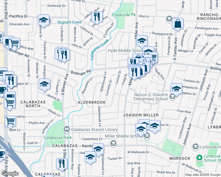 map of restaurants, bars, coffee shops, grocery stores, and more near 1043 Corvette Drive in San Jose
