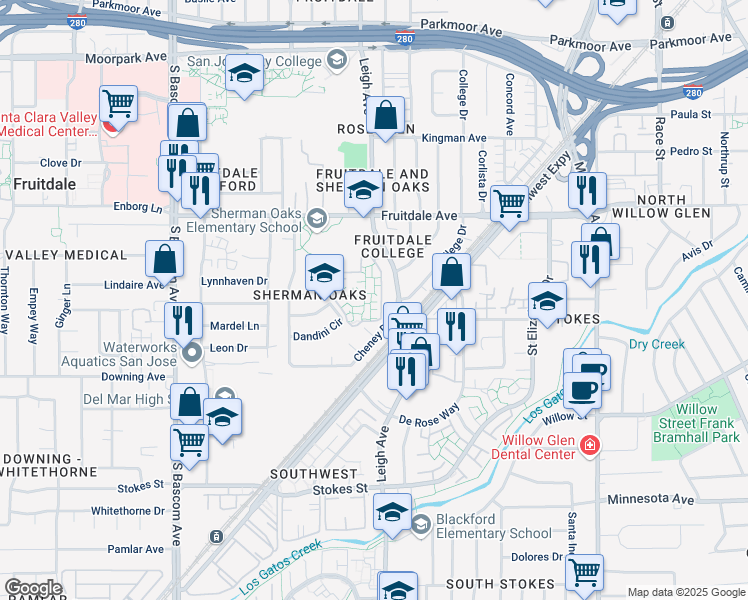 map of restaurants, bars, coffee shops, grocery stores, and more near 943 Willowleaf Drive in San Jose