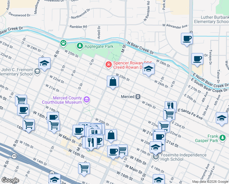 map of restaurants, bars, coffee shops, grocery stores, and more near 517 West 23rd Street in Merced