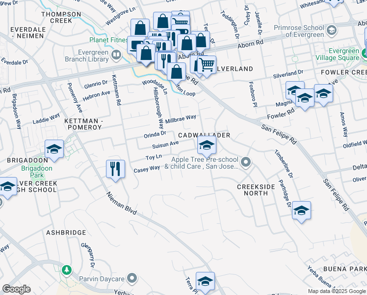 map of restaurants, bars, coffee shops, grocery stores, and more near 2725 Los Altos Drive in San Jose
