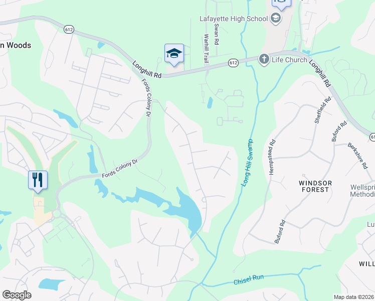 map of restaurants, bars, coffee shops, grocery stores, and more near 1 Brooke Court in Williamsburg